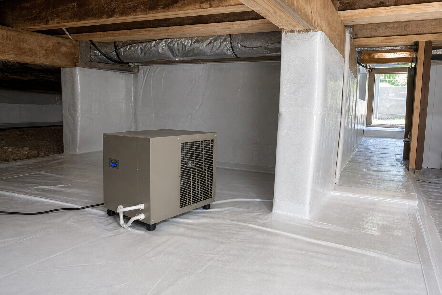 Encapsulated crawlspace with dehumidifier-ready moisture control